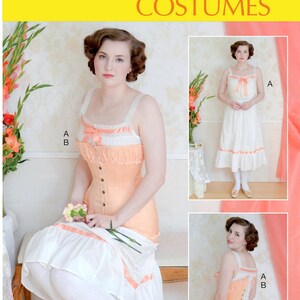 May include: A vintage-inspired sewing pattern for a dress and corset. The pattern is from McCall's Costumes and is size A5 (6-8-10-12-14). The pattern features a white dress with a peach-colored corset and a peach-colored trim. The pattern is illustrated with a woman wearing the dress and corset.