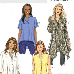 May include: A sewing pattern by Butterick, style B5786, featuring four shirt designs. The image shows illustrations of shirts in blue, white, yellow, and leopard print. The pattern includes sizes 16-24.