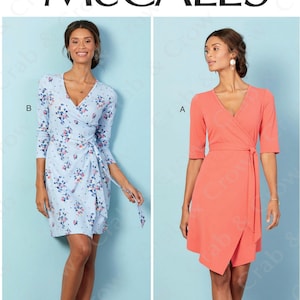 McCalls M7893 Sewing Pattern Knit Wrap Dress with Sleeve and Length Variations Nancy Zieman Series sz Misses 8-16 or Womens 18W-24W Uncut