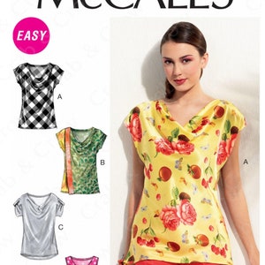 McCalls M6563 Sewing Pattern Misses Pullover Bias Tops with Draped Front Neckline and Sleeve Variations sz XS-M or L-XXL Uncut