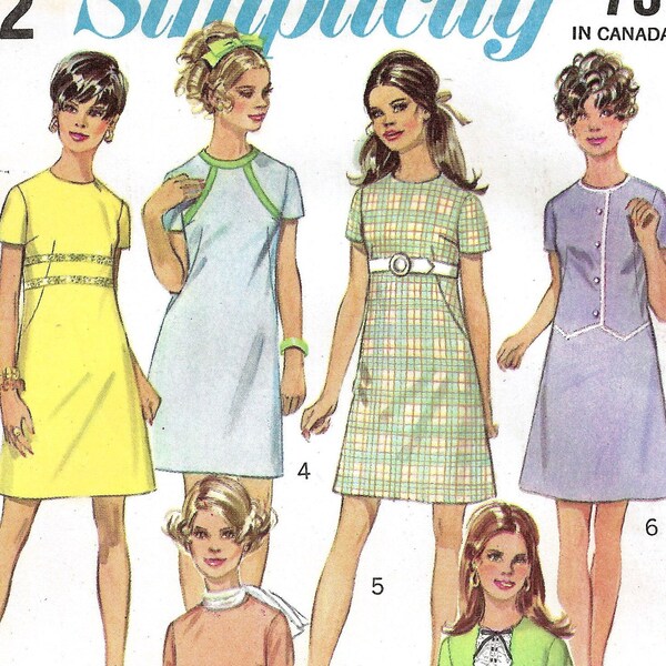 Simplicity 8152 Sewing Pattern Misses Vintage 60s Simple to Sew Jiffy A-Line Dress with Sleeve and Trim Variaitons sz 10 Uncut
