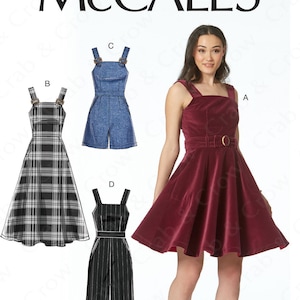 May include: A sewing pattern for a sleeveless dress with a fitted bodice and a full skirt. The pattern includes four different styles: a plaid dress, a denim jumpsuit, a red dress, and a black and white striped jumpsuit. The pattern is for sizes 4-6-8-10-12. The pattern number is M7626/AX5.