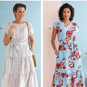 May include: Two women's dresses, one with a striped pattern and the other with a floral pattern. Both dresses have a button-up front, a tie belt, and a tiered skirt. The dresses are shown on models with the pattern "B6722 A5 (6-8-10-12-14)" in the top right corner.