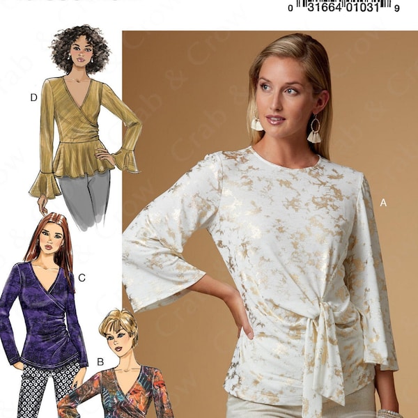 Butterick B6628 Sewing Pattern Misses Close Fitting Knit Tops Neckline Sleeve and Front Variations sz 6-14 or 14-22 Uncut