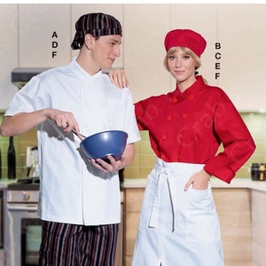 May include: Two people wearing chef uniforms. The person on the left is wearing a white chef jacket with short sleeves, black and white striped pants, and a black and white striped hat. The person on the right is wearing a red chef jacket with long sleeves, a white apron, and a red hat. The text "McCall's" is at the top of the image. The text "SIZE A (S-M-L-XL-XXL)" and "TAILLE" is on the right side of the image.