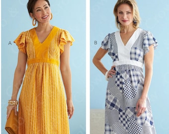 Butterick B6728 Sewing Pattern Misses Easy Empire Waist Flutter Sleeve Dress with Length Variations sz 6-14 or 14-22 Uncut