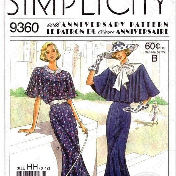 Simplicity 9360 Sewing Pattern 60th Anniversary Late Twenties Style Dresses Flutter Caplet Bow Collar Gored Skirt Misses 6-12 Uncut