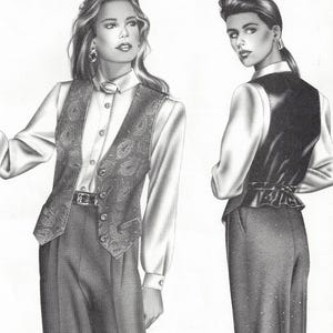 May include: A vintage sewing pattern for a vest, featuring illustrations of a woman wearing the vest. The pattern is labeled "Stretch & Sew" and includes the number 321. The suggested retail price is $4.00.