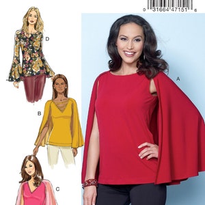 May include: Butterick B6490 sewing pattern envelope featuring illustrations of four top variations with cape-style sleeves and a photograph of a model wearing a red sleeveless top with integrated cape sleeves and a round neckline.