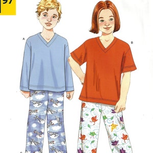 May include: A sewing pattern for children's pajamas. The pattern includes two designs: a long-sleeved shirt with a V-neck and pants with a plane print, and a short-sleeved shirt with a V-neck and pants with a bird print. The pattern is for sizes 3-8. The pattern is from Simplicity and is called "It's So Easy".