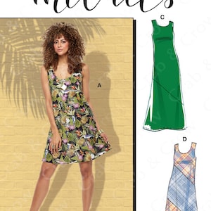 May include: McCall's sewing pattern M8065 featuring a woman in a tropical print dress. The pattern includes multiple view options. The image also shows a green dress and a patchwork dress design. The hashtag #RileyMcCalls is included.
