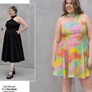 May include: A sewing pattern package featuring two dress designs. The package includes a woman wearing a black halter dress and another in a colorful, patterned mini dress. The text "knowME" and "ALISHA GRACE" are visible.