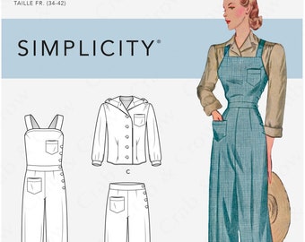 Simplicity S8447 Sewing Pattern Misses Vintage 40s Reproduction Pants Overalls and Blouses sz 6-14 or 16-24 Uncut