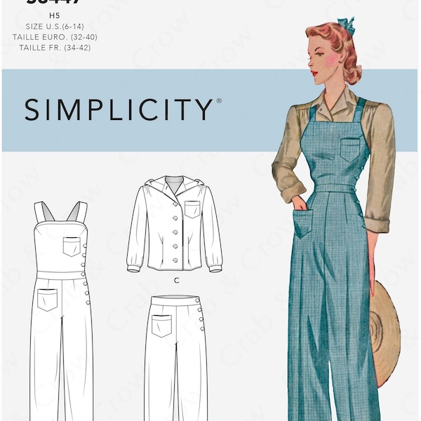 Simplicity S8447 Sewing Pattern Misses Vintage 40s Reproduction Pants Overalls and Blouses sz 6-14 or 16-24 Uncut