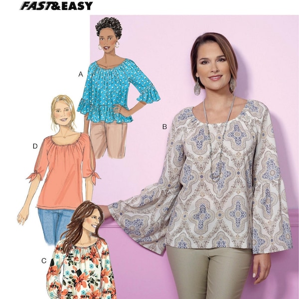 Butterick B6455 Sewing Pattern Misses Fast and Easy Loose Fitting Pullover Top Elastic Neckline Sleeve Variations sz XS-M or L-XXL Uncut