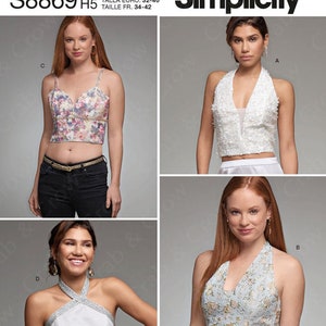 May include: A sewing pattern for four different halter tops. The pattern is for sizes US 6-14, Euro 32-40, and French 34-42. The pattern number is S8869 H5.