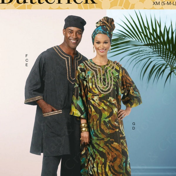 Butterick B6748 Sewing Pattern Misses and Mens Tunic Caftan Pants Hat and Head Wrap sz S-L or XL-XXL Uncut