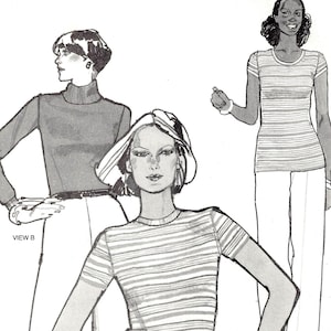May include: Vintage sewing pattern for a fitted t-shirt and bodysuit, featuring illustrations of the designs. The pattern includes bust sizes 28-44 inches. The cover art showcases three different views of the garments.