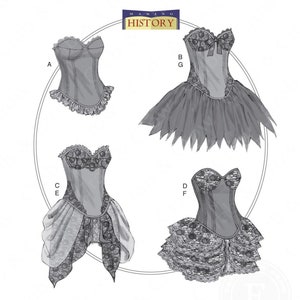 May include: A sewing pattern for a corset with four different skirt options. The pattern is from Butterick and is called "Making History".