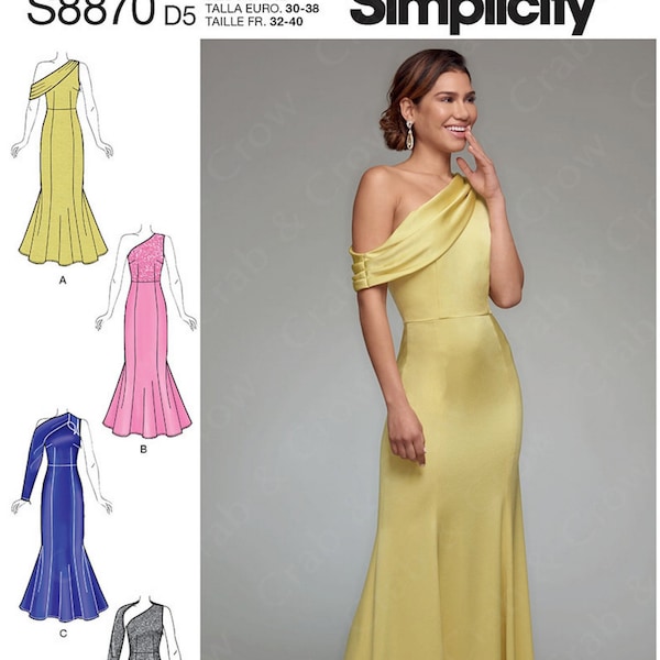 Simplicity S8870 Sewing Pattern Misses Special Occasion Dresses Floor Length Asymmetrical Shoulder Gown sz 4-12 or 12-20  Uncut