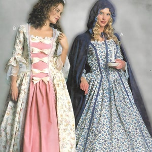 May include: McCall's Costumes sewing pattern for a colonial era dress. The pattern is for sizes 14-16-18-20. The pattern includes two different styles of dresses, one with a floral print and one with a blue and white print. The pattern is labeled "EE" and "3289".