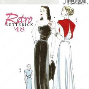May include: A Butterick B5136 sewing pattern envelope featuring illustrations of floor-length gowns. One gown is black with a single shoulder strap, and the other is white with a red bolero jacket. The text includes Retro Butterick '48.