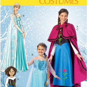 May include: McCALL'S COSTUMES sewing pattern envelope featuring illustrations and photographs of two distinct costume styles. One style includes a light blue gown with a sheer cape, while the other features a dark bodice, blue skirt, and magenta cape.