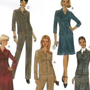 May include: McCall's sewing pattern featuring various women's suit designs. The pattern includes options for jackets, skirts, and pants. The cover displays illustrations of the finished garments in different colors and styles. The pattern size is F (16-18-20).