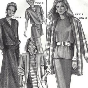 May include: Vintage sewing pattern for a twin set, including a cardigan and top. The pattern features multiple views with different styles, including a skirt and jacket. The bust sizes range from 30 to 46 inches. The text "one pattern - many looks" is visible.