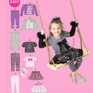 May include: A pink background features a young girl on a wooden swing. The image showcases a McCall's sewing pattern with various children's clothing designs, including skirts, leggings, and tops. The word "EASY" is in a pink circle.
