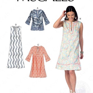 May include: McCALL'S sewing pattern envelope featuring four garment variations. Includes a blue floral tunic, a sleeveless paisley dress with pink trim, an orange geometric print tunic, and a sleeveless gray chevron print dress with a split neckline.