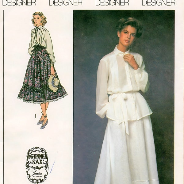 Simplicity 8907 Sewing Pattern Misses Skirt in Two Lengths and Long Sleeve Tucked Blouse Jessica McClintock for Gunne Sax sz 8 Uncut