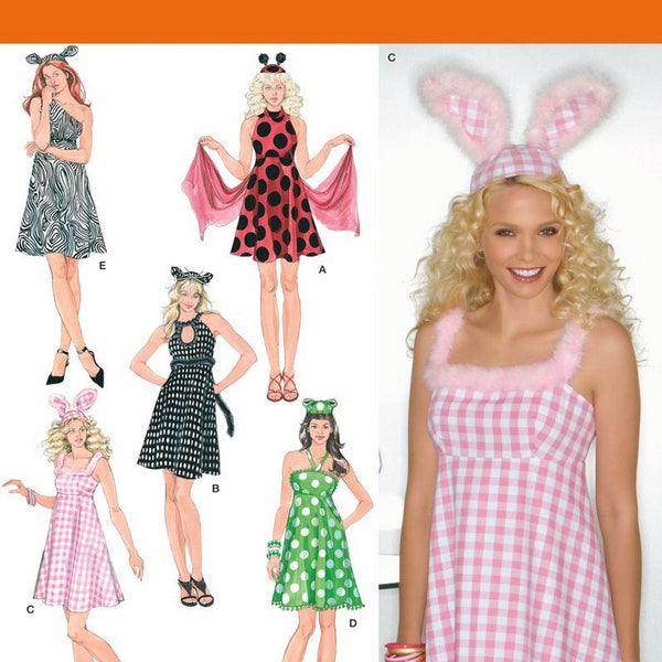 Simplicity 2485 Sewing Pattern Misses Empire Waist Sleeveless Short Dress Costumes Bunny Ladybug Zebra Hat Pattern Included sz 8-16 Uncut