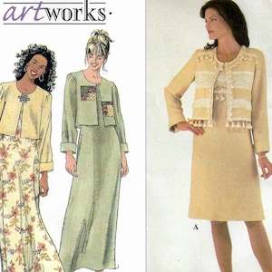May include: Simplicity sewing pattern featuring three dress designs with jackets. The pattern includes sizes 12, 14, and 16, with European sizes 38-42 and French sizes 40-44. The artwork logo is visible.