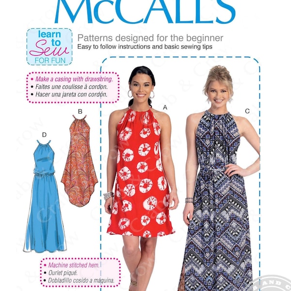 McCalls M7405 Sewing Pattern for Misses Gathered Neckline Dresses with Ties and Belt Learn to Sew for Fun Series sz XS-M or L-XXL Uncut