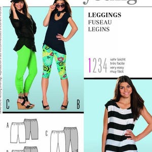 May include: A sewing pattern for leggings, featuring the "burda young" logo and the number 7382. The image shows illustrations of different legging styles and models wearing the leggings. Sizes are listed in both EUR and US sizes.