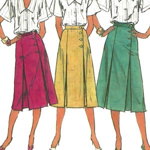 May include: Simplicity sewing pattern featuring three women modeling button-front skirts in magenta, yellow, and green, paired with white collared shirts. The pattern includes the text "Simplicity" and "personal fit".