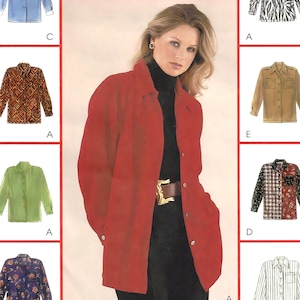 May include: A sewing pattern for a red, long-sleeved shirt with a collar and pockets. The pattern is called McCall's Great Looks and has the number 8960. The pattern is for sizes small, medium, and large.