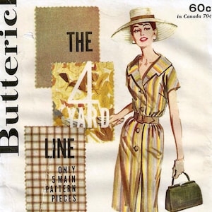 May include: Vintage Butterick sewing pattern featuring a woman in a striped dress. The pattern includes the text "THE 4 YARD LINE" and "ONLY 5 MAIN PATTERN PIECES". The bust size is 32, and the size is 12.