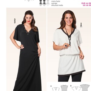 May include: Burda Style sewing pattern number 6971 for a tunic or dress. The pattern includes two styles: a long tunic and a shorter tunic. The pattern is available in sizes EUR 44-56 and US 18-30. The pattern is labeled as "mittel" or "average" difficulty.