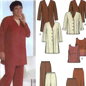 May include: Simplicity sewing pattern 7186, featuring a woman in a red suit. The pattern includes options for jackets, tops, and skirts. The size range is GG, 26W-32W. The text "easy-to-sew" is displayed.