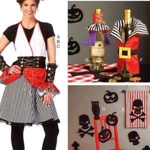 May include: A sewing pattern for a Halloween costume, featuring a pirate-themed outfit with a red and black striped skirt, a red bodice, and a black hat. The pattern also includes instructions for making a wine bottle costume, a skull and crossbones banner, and a chair with legs decorated as legs.