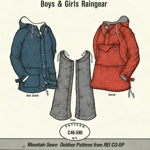 May include: A sewing pattern for children's raingear titled Mountain Sewn Patterns Boys & Girls Raingear C46-590. The illustration features a blue rain jacket, a pair of gray chaps, and a red anorak with a hood, front pocket, and drawstrings.