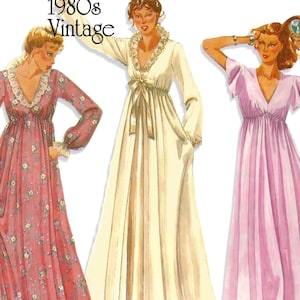 McCalls 7280 Sewing Pattern Misses Vintage 80s High Waisted Robe and Nightgown with V-Neckline sz Small Cut