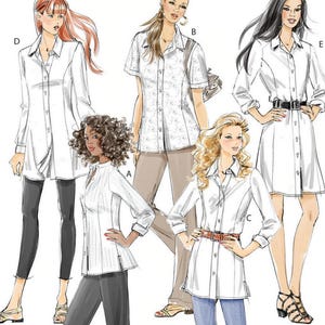 May include: McCall's M6124 sewing pattern featuring illustrations of women's shirts and a dress. The pattern includes various styles, such as a long tunic, short-sleeved shirt, and a belted dress. The size range is RR (18W-20W-22W-24W).