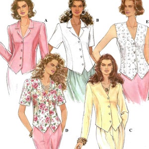 May include: A sewing pattern for five different tops, labeled A through E. The tops are all button-up and have a variety of necklines and sleeve lengths. The pattern is from Simplicity and is for sizes 18, 20, and 22.