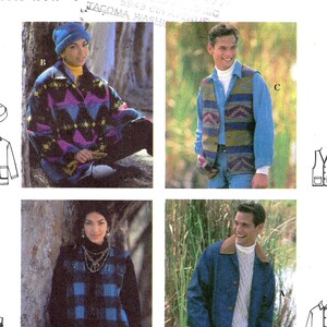 May include: A sewing pattern for a vest, jacket, and coat. The pattern includes a variety of styles, including a vest with a southwestern design, a jacket with a collar, and a coat with a simple design. The pattern is from Simplicity and is for sizes BB, L, and XL.