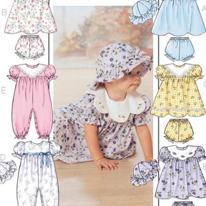 May include: Butterick B4110 sewing pattern for infants featuring six variations of dresses, rompers, and bonnets. The illustrations show floral and gingham prints in blue, pink, yellow, and purple, with white scalloped collars and ruffled details.
