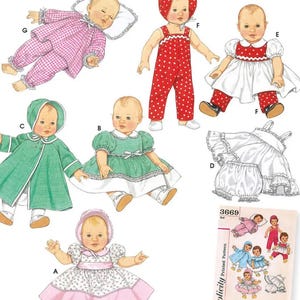 May include: A Simplicity Archives sewing pattern 4707 for baby doll clothes in three sizes, S 12-14 inches, M 16-18 inches, and L 20-22 inches. The illustration displays various outfits including dresses, rompers, and pajamas with bonnets.