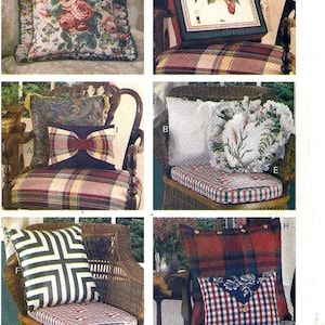 May include: Butterick pattern 3175 featuring various cushion designs. The image showcases cushions with floral, plaid, and geometric patterns. The pattern includes instructions for creating cushions in different styles and sizes, perfect for home decor projects.